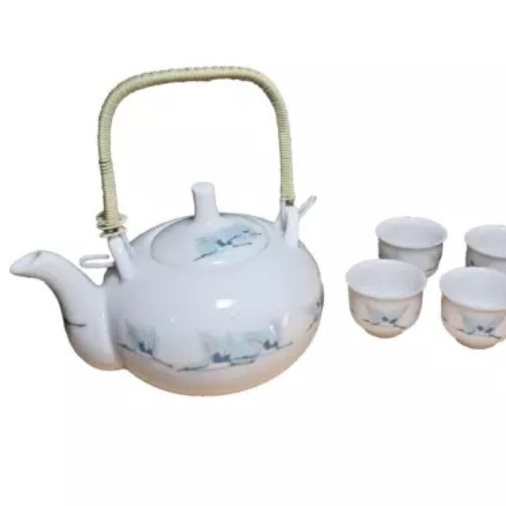 Japanese‎ Tea Set Flying Geese Blue White Pocelain 8-Piece Set Vintage IOB